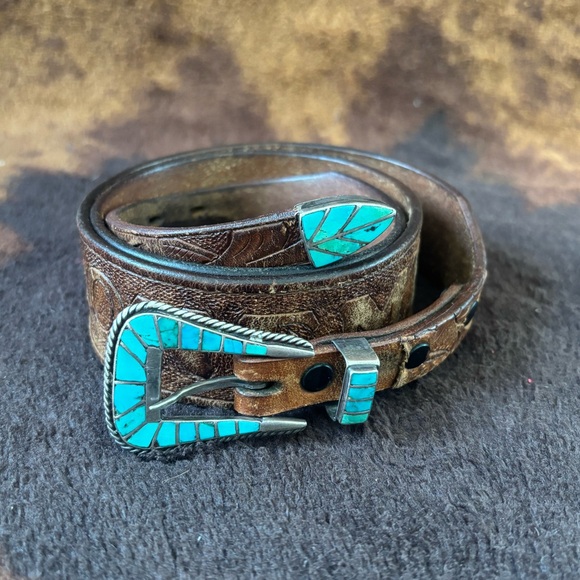Accessories - Vintage tooled H. Cronemeyer tooled belt with Zuni inlay ranger set